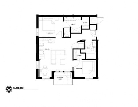 Floor plan for 2 beds, 1.8 baths, 970 sqft